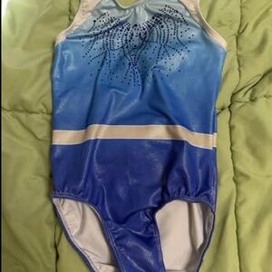Blue and White Leotard with Rhinestone Design